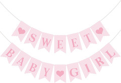 2 Pcs Pre Strung Pink Gingham Sweet Baby Girl Banner Pink Girl Baby Shower Banne