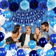 Blue Birthday Party Decorations Set Balloons Banner Pom Poms Curtain Boy Theme