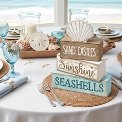 4-Piece Rustic Beach Summer Decor Set – Colorful Wooden Tabletop Centerpieces