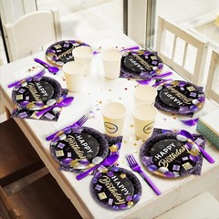 Vibrant Celebration: Quality Purple and Black Theme Party Supplies for 24 Guests