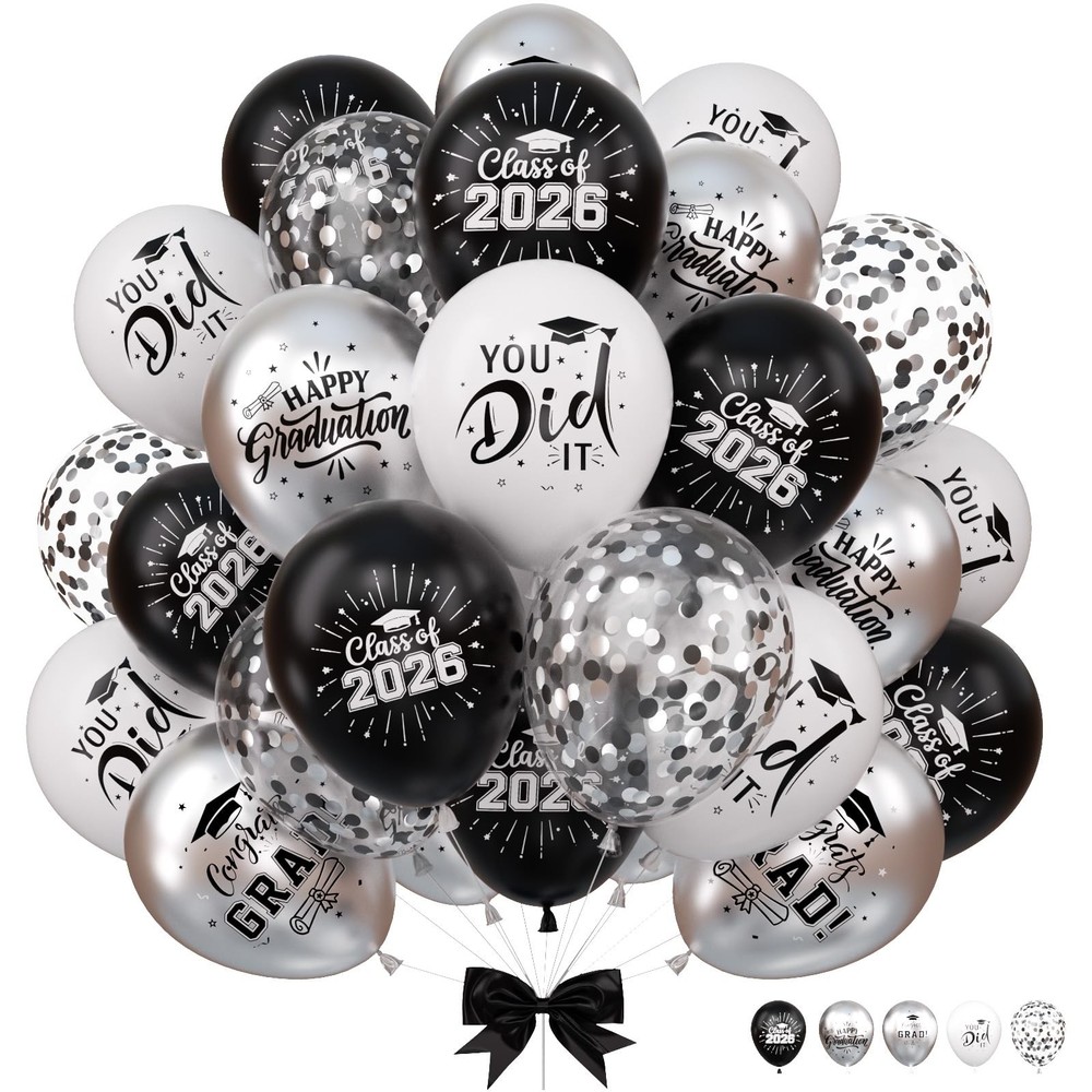 2026 Graduation Balloons Black White Silver Congrats Grad Party Decor 12 Inch
