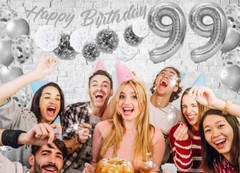 Silver & White 99th Birthday Decorations – 40″ Number Balloons &More-Boy or Girl