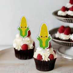 18Pcs Yellow Glitter Cute Corn Dessert Cupcake Topper Funny Vegetable Theme Deco