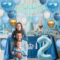 2nd Birthday Decorations Blue White Gold, 25pcs Balloons, Banner, Blue 2nd