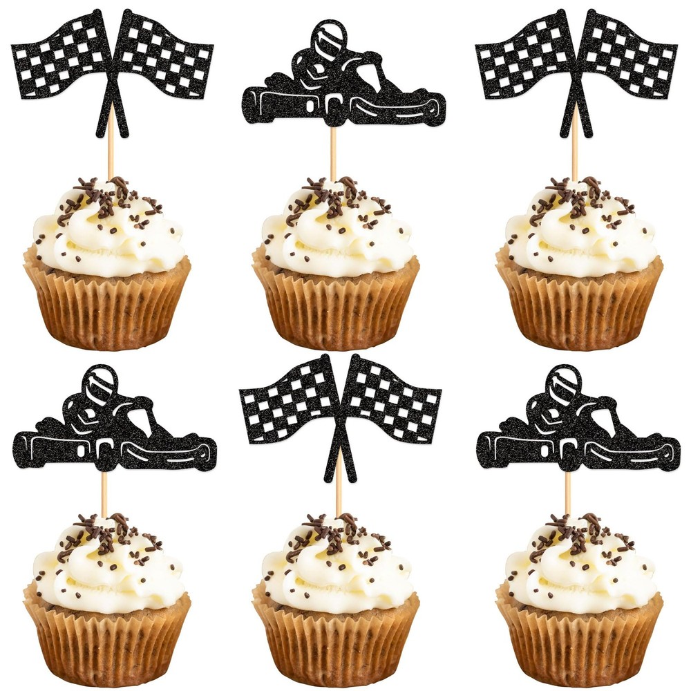 24PCS Glitter Black Kart Race Car Cupcake Toppers Checkered Flag Racing Cupca…