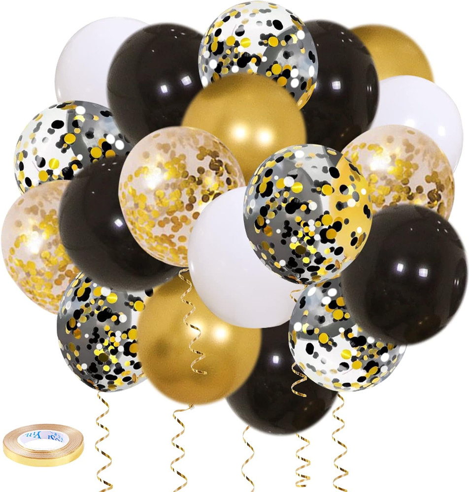 Black Gold Confetti Balloons 50 Pack – 12 Inch Gold White and Black Confetti Bal