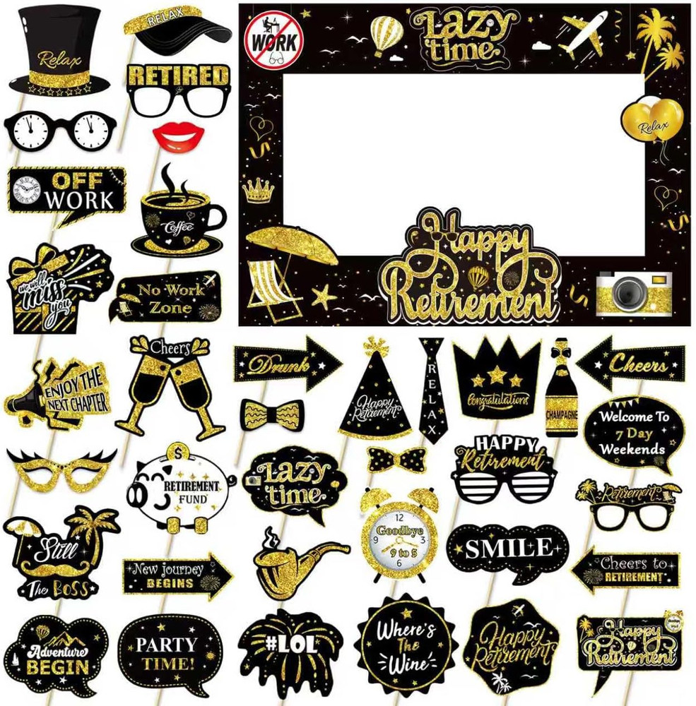 Retirement Party Photo Booth Props Kit – 37Pcs Paper Photo Props 1 Frame Glitter