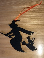 halloween Hanging Black Witch & Cat. Laser Cut Painted Plywood. With Ribbon.