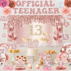 13th Birthday Decorations for Girls – 58pcs Backdrop, Balloons, Centerpieces