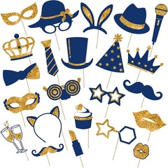 24 Pcs Funny Photo Booth Props in Gold & Navy Blue – Perfect for Any Celebration