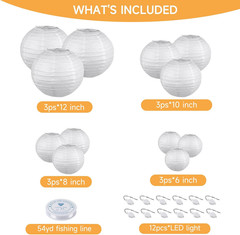 12Pcs White Paper Lanterns with LED Lights, Chinese Hanging Lanterns (6″ 8″ 10″