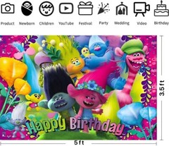 Trolls Theme Happy Birthday Backdrop 5×3.5ft,for Kids Birthday Party Decoration