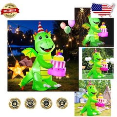 Large 6FT Birthday Dinosaur Cake Inflatable – Indoor/Outdoor LED Party