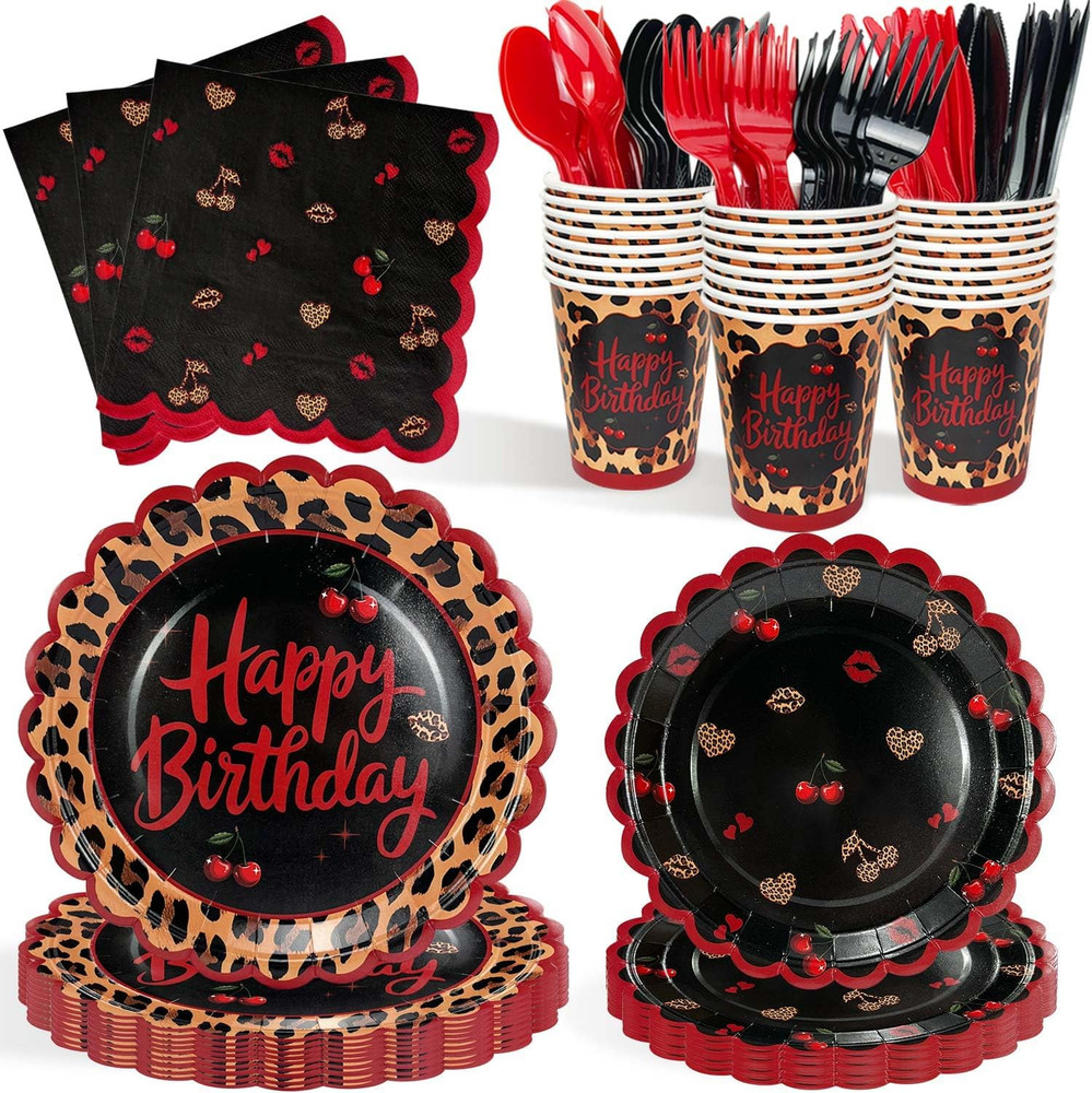 Red Cheetah Print Birthday Party Supplies for 24 Guests – 168 Pieces