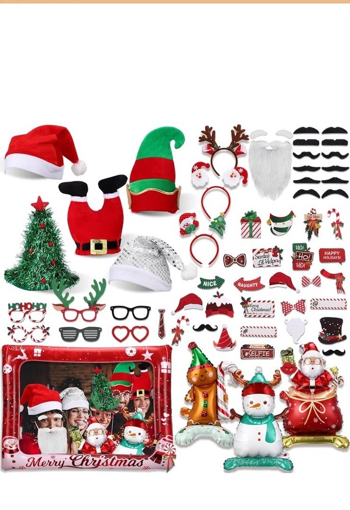 64 Pcs Photo Booth Props Set – Christmas Holiday Party Decorations, Hats, Bal…