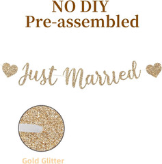 Pre-Strung Just Married Banner, No DIY Just Married Sign Decorations with Gold G