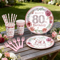 201Pcs 80Th Birthday Decorations for Women Tableware Set, Rose and Gold 80Th Bir
