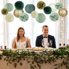 Sage Green Party Decorations, Lanterns and Pom Poms Flowers for Party Baby Sh…