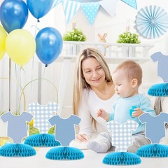 6 Pcs Blue Bodysuit Party Decorations, Blue Gingham Honeycomb Centerpieces, B…