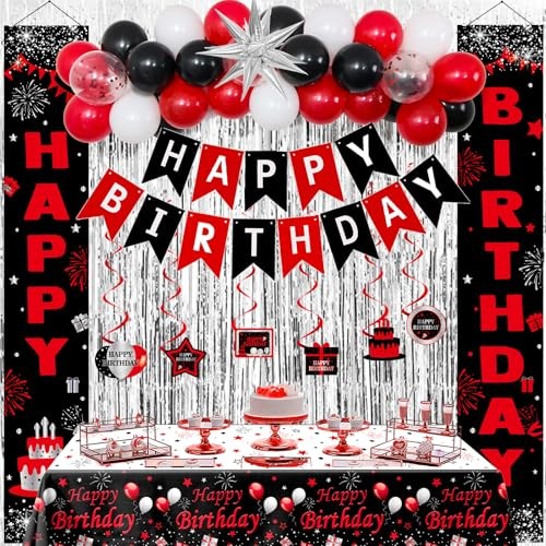 Birthday Decorations for Men Women Boys Girls, Happy Birthday Red and Black