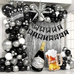 Black and Silver Party Decorations, Black Silver White Foil Balloons Happy Ba…