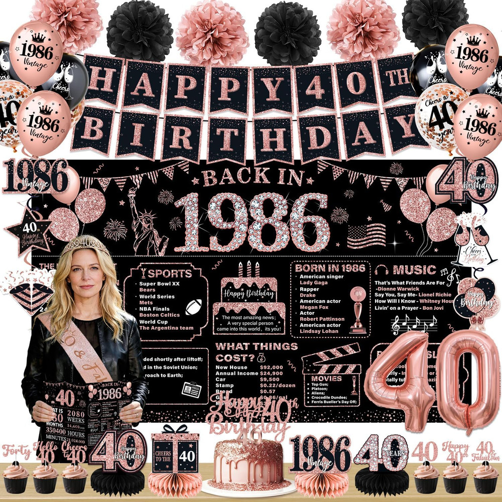 Rose Gold 40Th Birthday Decorations for Women – 63Pcs Happy 40Th Birthday Banner
