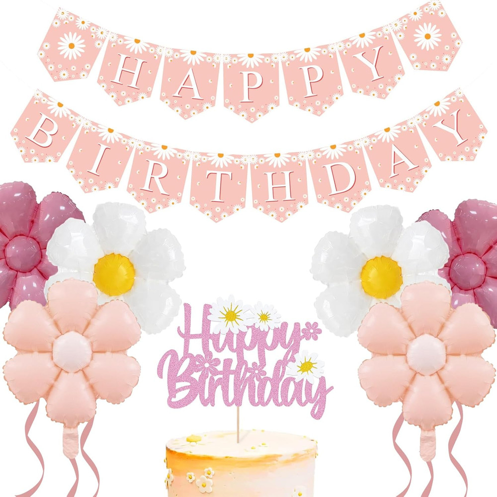 Pink Daisy Flower Party Decorations Set with Happy Birthday Banner Cake Topper 6
