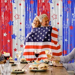 Party Streamer Backdrop 2 Pack Red Blue Silver Festive 4th July Photo Prop Set