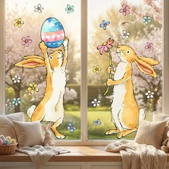 Easter Decorations Window Clings: Cute Little Bunny in the Potted Floral, Rustic