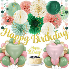 Sage Green Pink Birthday Decorations – 62Pcs Happy Birthday Banner, Olive Retro