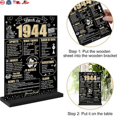 Black Gold 80th Birthday Decorations Back in 1944 Table Sign for Women Men, T…