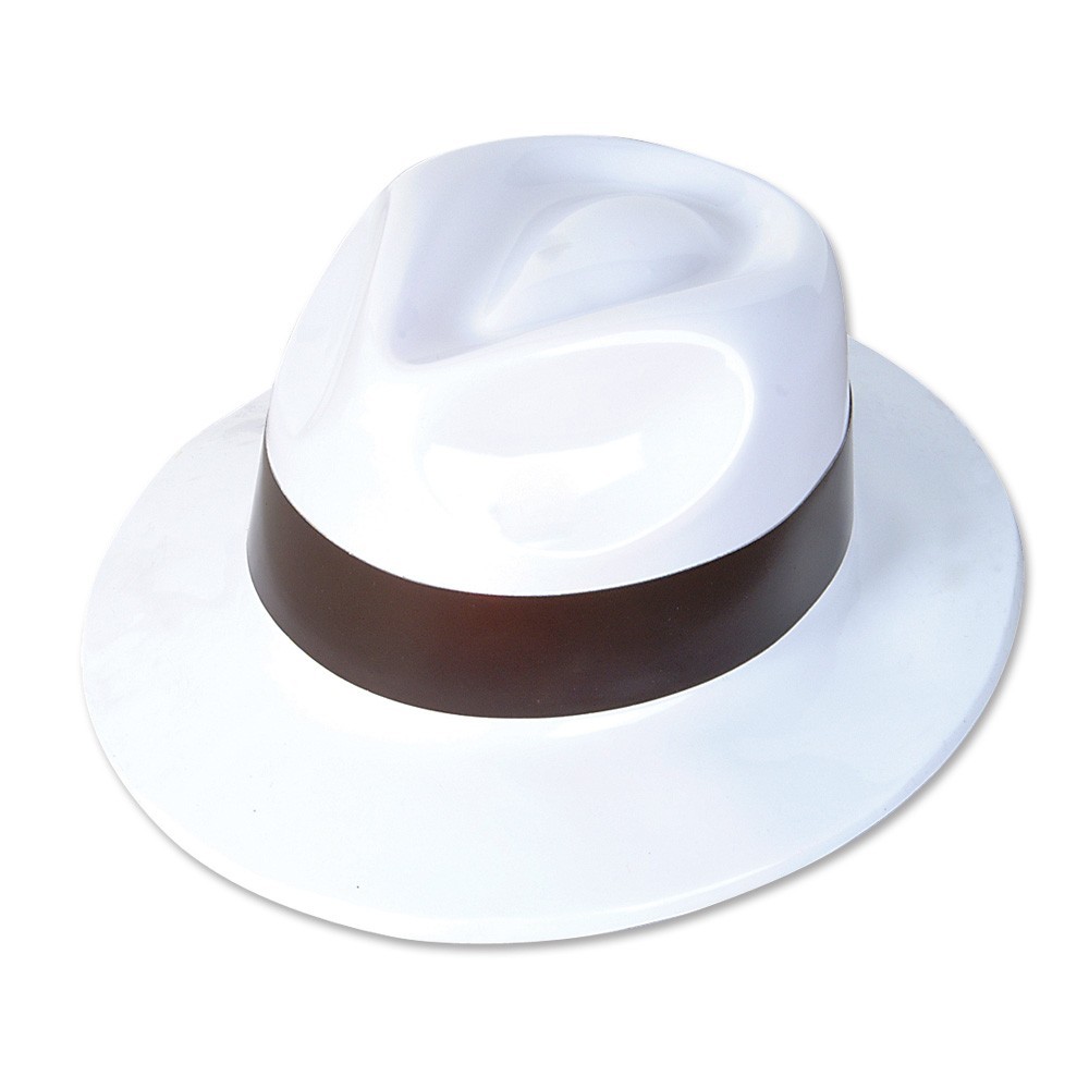 (10 HATS) PARTY HATS SHINY WHITE PLASTIC FEDORA WITH BLACK BAND CASINOS/PARTIES