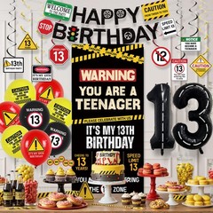 13th Birthday Decorations Boys Girls, Black Happy 13th Birthday Banner Backdr…
