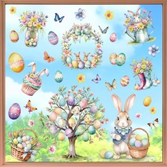 9 Sheets Easter Window Clings for Glass Windows – Watercolor Bunny Multicolor
