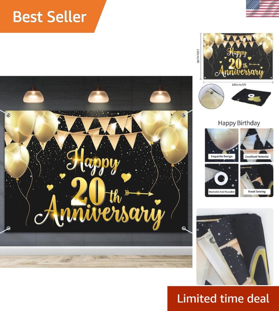 Reusable 6x4ft Happy 20th Anniversary Party Banner – Gorgeous Black Gold Design