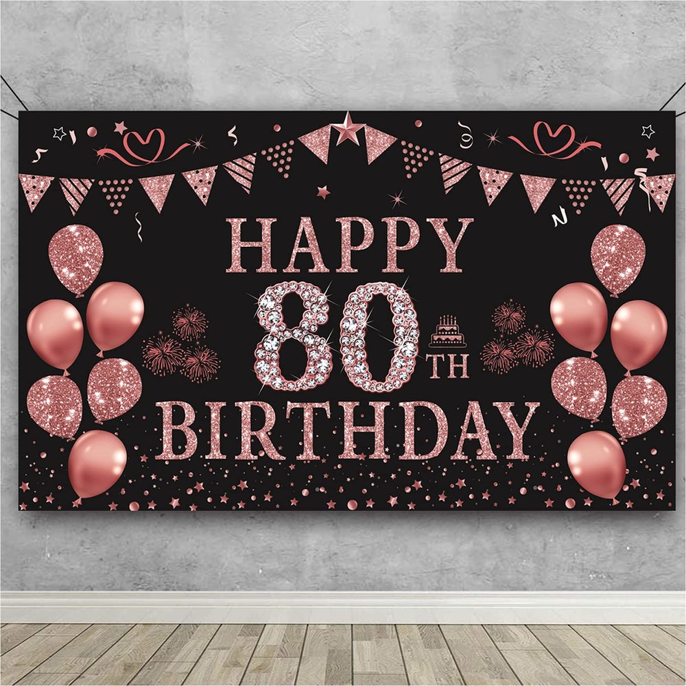 80th Birthday Backdrop Banner Rose Gold 5.9×3.6ft Party Photography Women