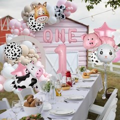 19 PCS Farm Animal Theme Party Balloons Number 1 Letter Banner Balloon Farm C…