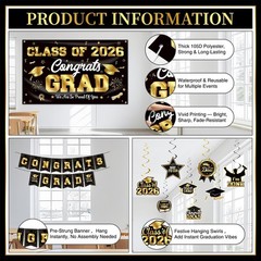 Graduation Decorations 2026 Black and Gold Party Decor Set include Congrats G…