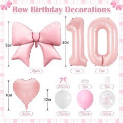 Pink Bow 10th Decorations for Girls, Light Pink White Latex Balloons with Bow…