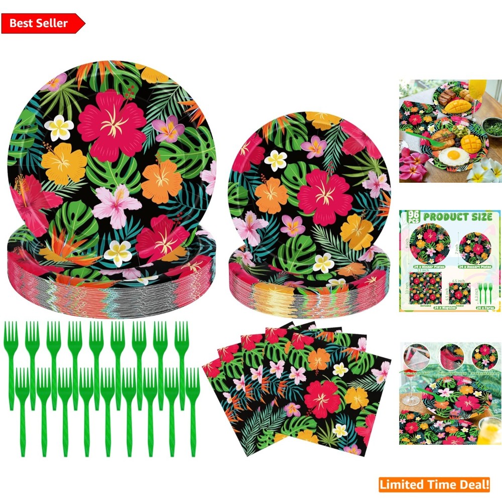 96 Pcs Hawaiian Party Dinnerware: Disposable Plates, Napkins & Forks for 24 G…