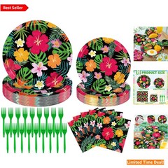 96 Pcs Hawaiian Party Dinnerware: Disposable Plates, Napkins & Forks for 24 G…