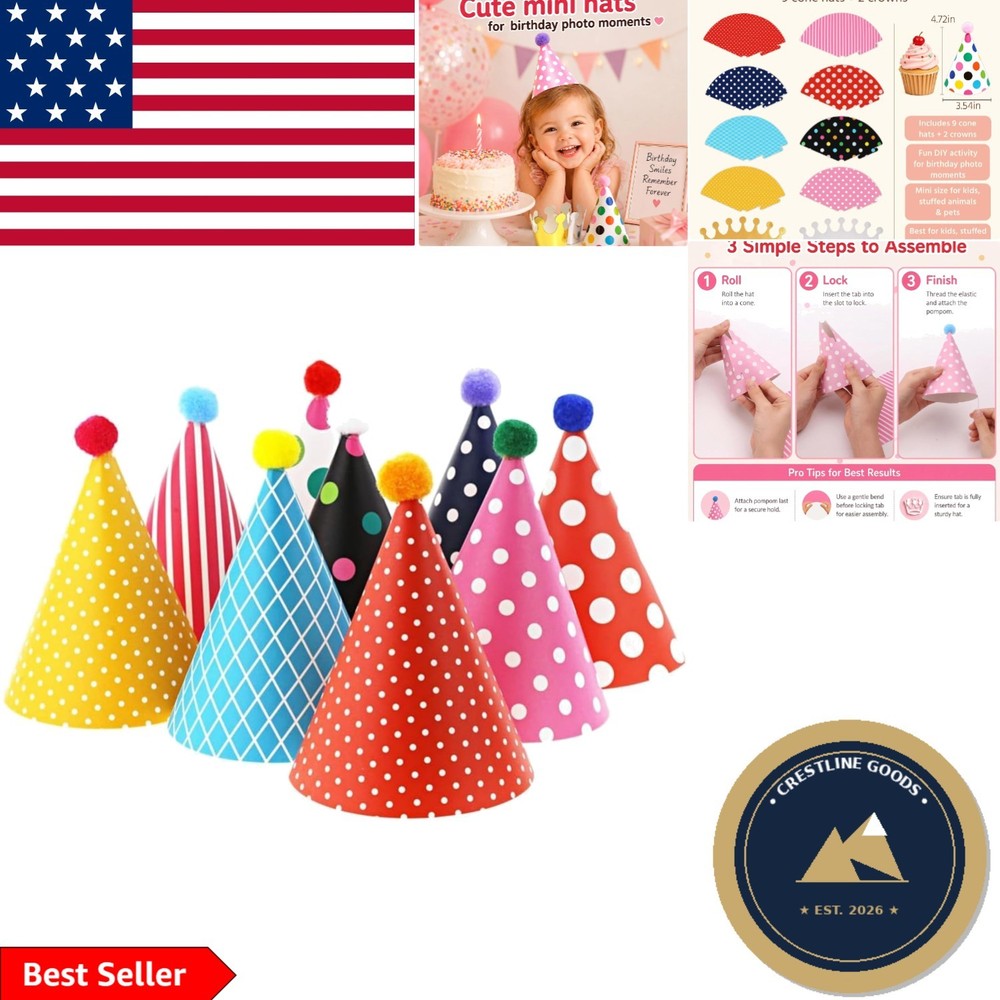 DIY Mini Birthday Party Hats for Kids – Assorted Designs with 9 Hats and Crowns