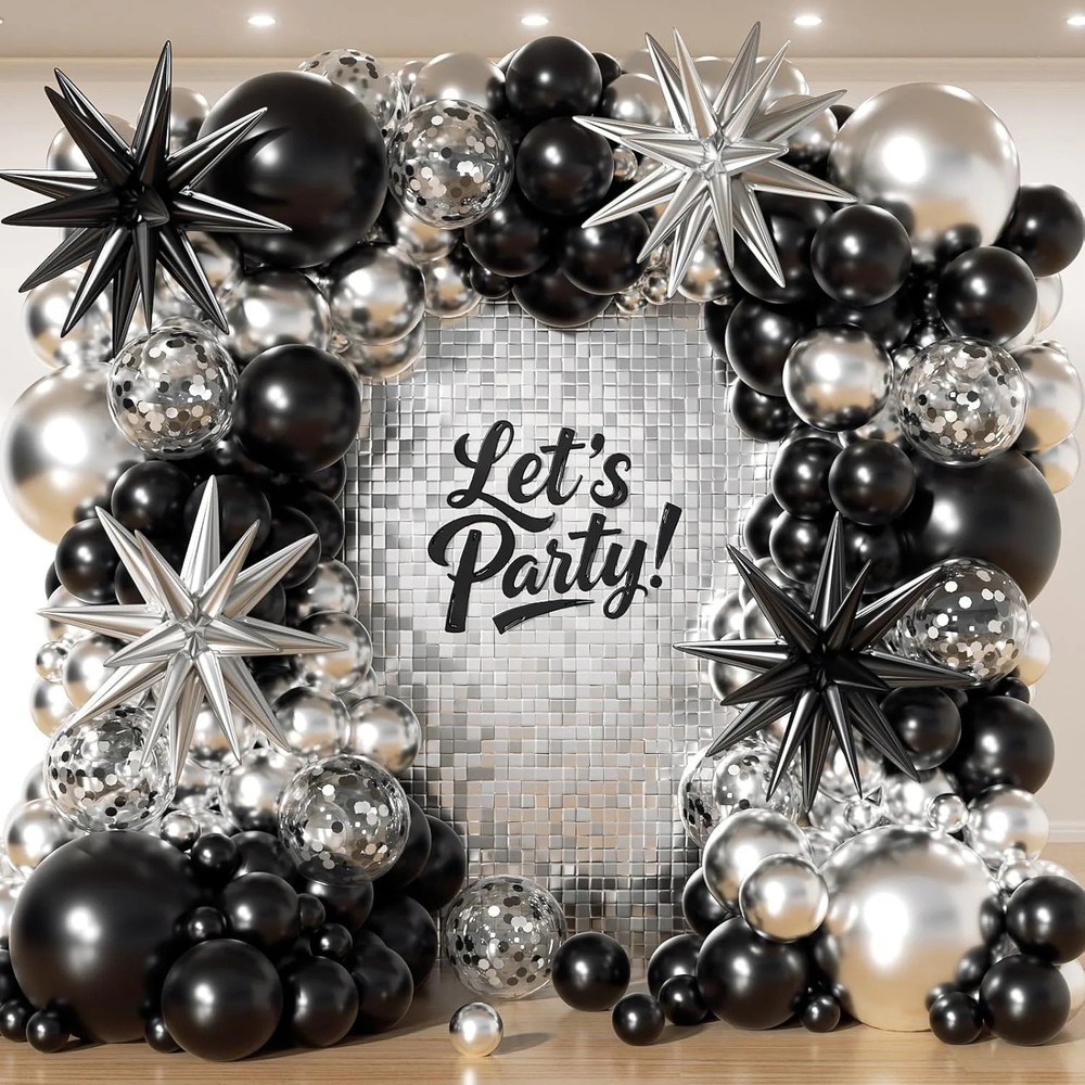 153Pcs Black and Silver Balloons Garland Arch Kit with Stars – 22 18 12 10 5 inc