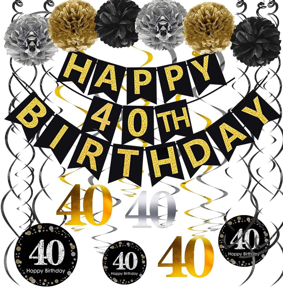 Black & Gold Glittery Happy 40th Banner,Poms,Sparkling 40 Hanging Swirls Kit …