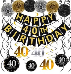Black & Gold Glittery Happy 40th Banner,Poms,Sparkling 40 Hanging Swirls Kit …