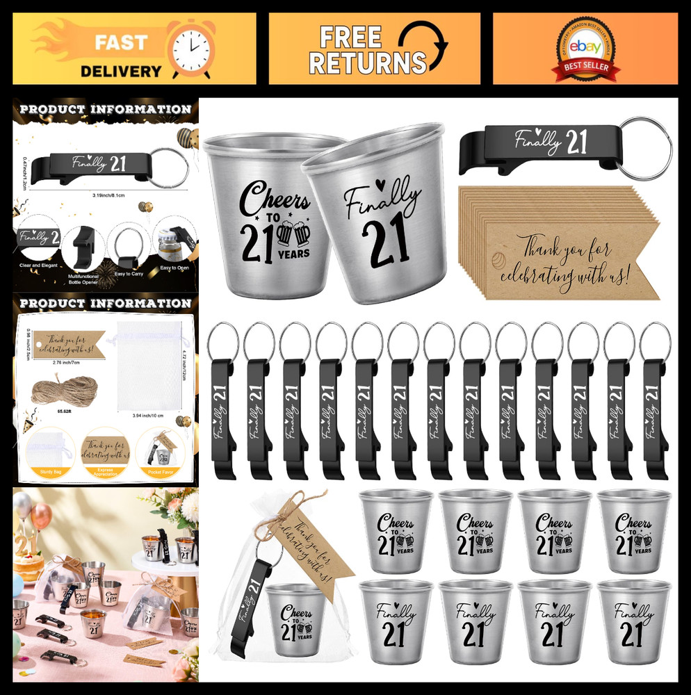 21st Birthday Party Favors – 24 Sets Stainless Steel Shot Glasses & Keychains