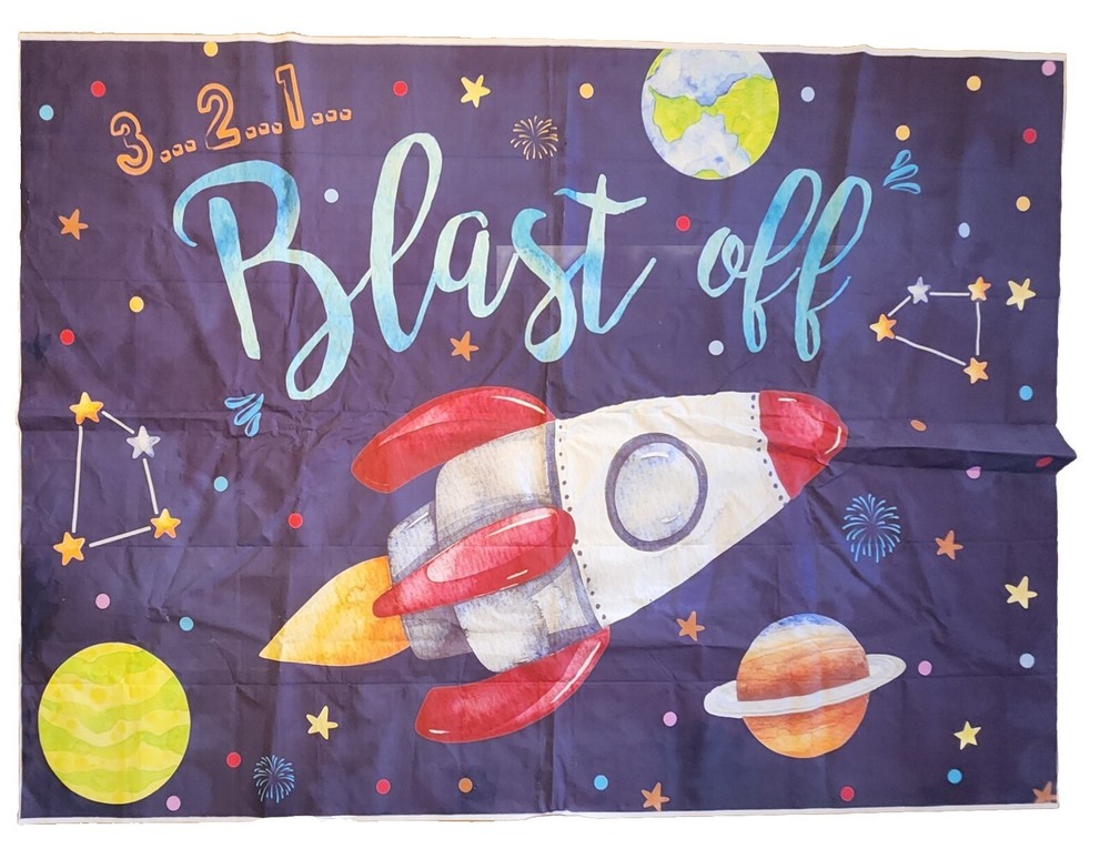 Photo Backdrop 3…2…1… Blast Off Rocket in Space – Pictures 6’L x 5’H, EUC