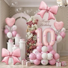 Pink Bow 10th Decorations for Girls, Light Pink White Latex Balloons with Bow…