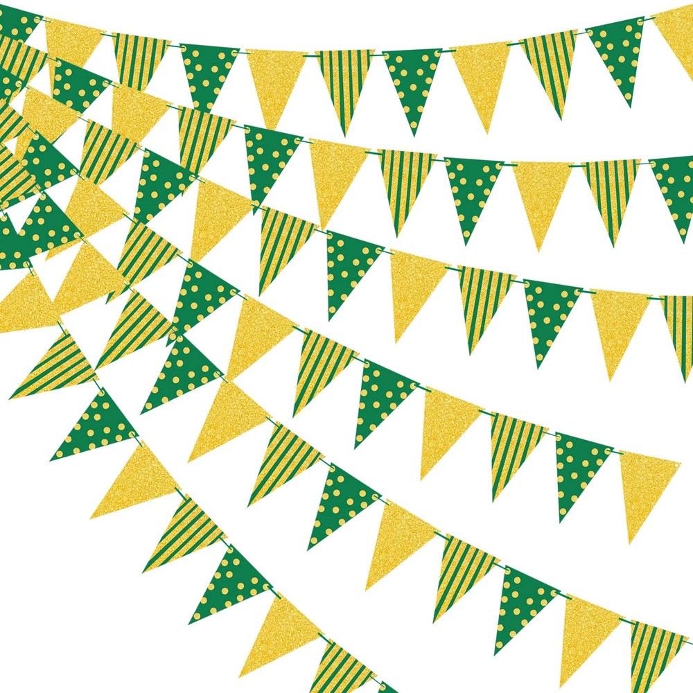 33Ft Green Gold Triangle Flag Pennant Banner, Pre-Assembled Paper Bunting for…