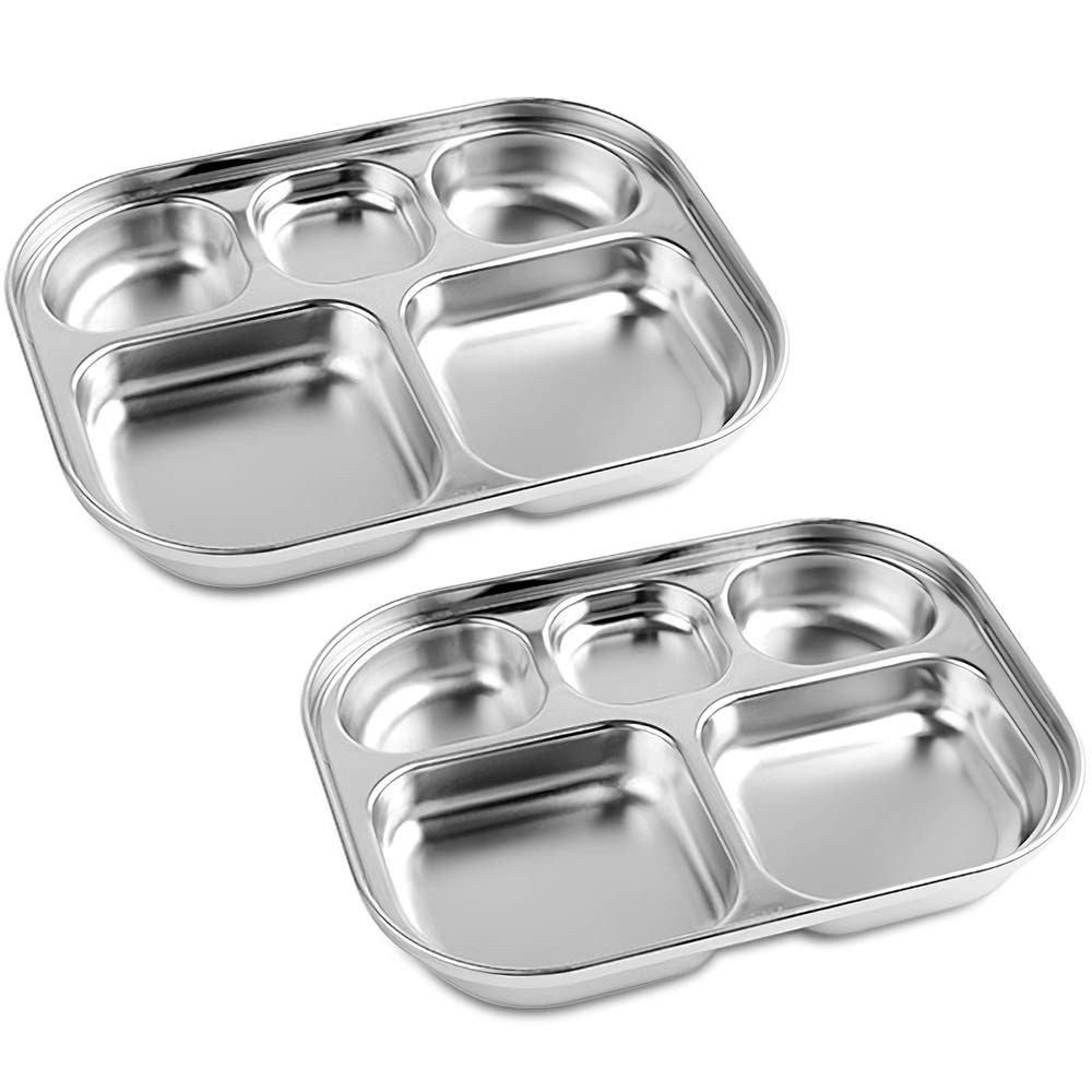 DleDan Stainless Steel Divided Plates Tray, 5 Section, Kids 2 pack, Silver